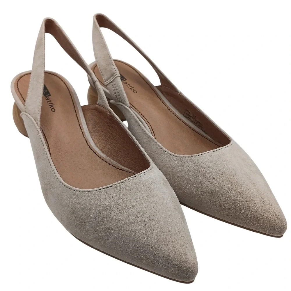 NIB Matiko Circa Suede Slingback Pumps Wooden Orb Heel Pointed Toe Size 37 Peach